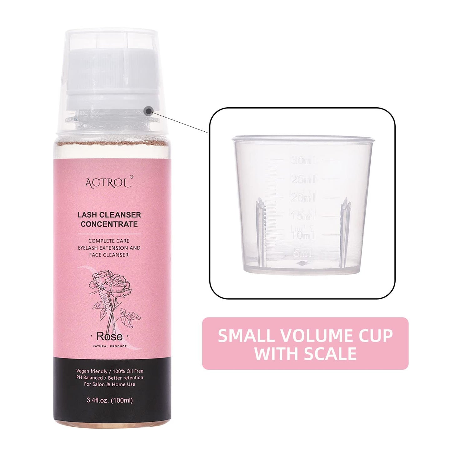 White Smoke ACTROL Eyelash Shampoo Concentrate 100ml Lash Extensions Cleanser Concentrate Rose Natural Foaming Shampoo Wash for Extensions Lashes with Salon Home Care-Makes 60ml Bottles