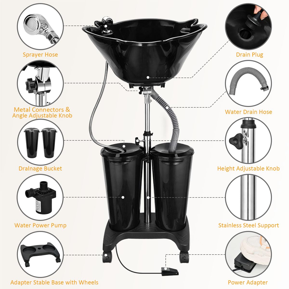 White Smoke johgee Adjustable Portable Shampoo Bowl with Electric Pump,Hair Washing Station Sink with Buckets&Drain Hoses,Portable Wash Bowl for Hairstylist,Portable Salon Sink Hair Wash Basin for Home Barber Use