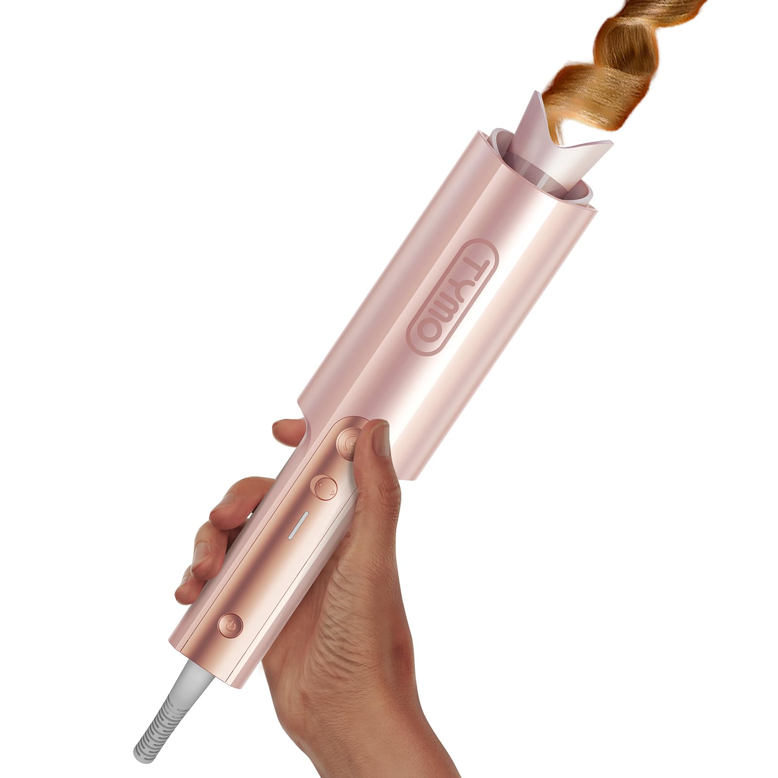 White Smoke TYMO CurlPro Plus Automatic Rotating Curling Iron - Upgraded Long Barrel Curling Wand for Long Hair, Ceramic Hair Curler for Women, Anti-Scald, 600M Ionic, Dual Voltage, Gold Blush, 1 1/4 Inch