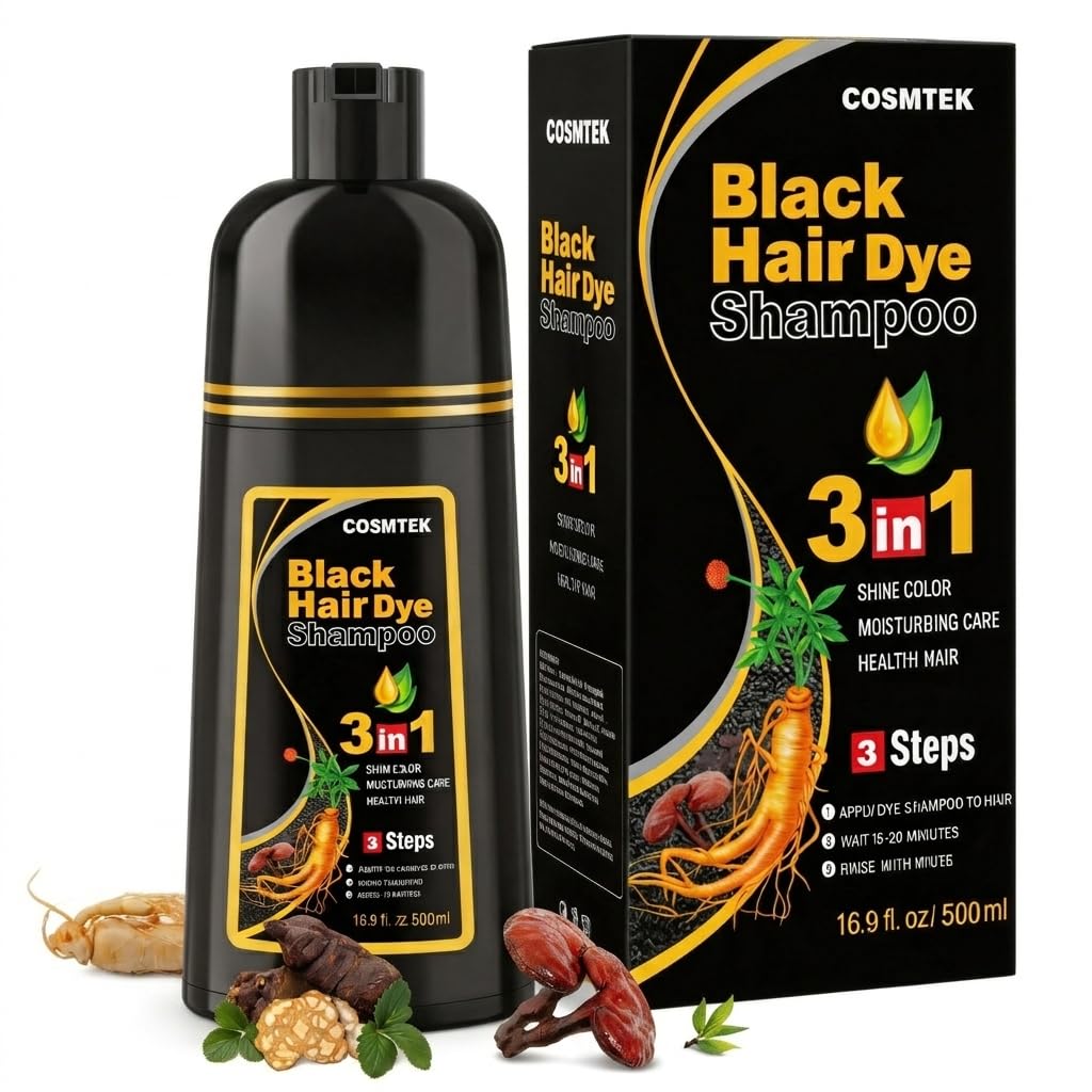 White Smoke COSMTEK Black Hair Dye Shampoo for Gray Hair, Semi-Permanent Hair Color Shampoo for Women and Men, Herbal and No Ammonia, 3 in 1-100% Grey Coverage(16.9 Fl oz)