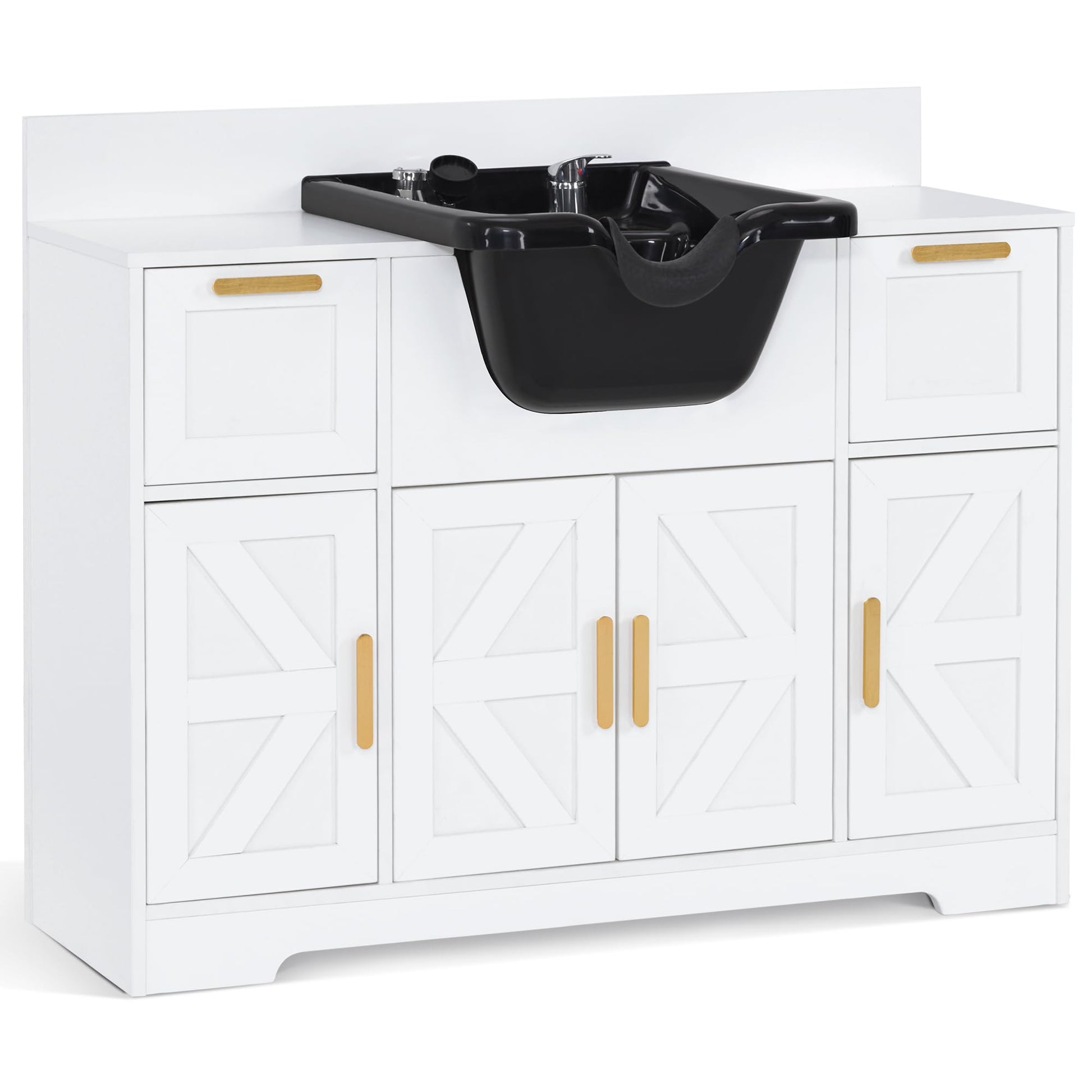 Lavender BarberPub Portable Shampoo Station, Shampoo Bowl with Cabinet & Drawer, Salon Geometric Finish Station with Sprayer Faucet, Barber Storage Equipment with Hair Wash Backwash Sink 3439 (White & Black)