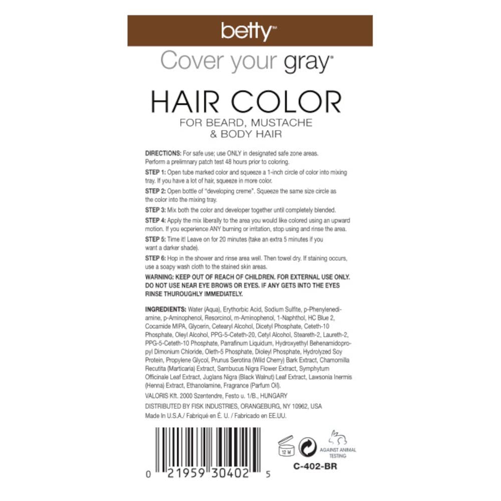 White Smoke Betty Cover Your Gray Mens Hair Color for Beard, Mustache & Body Hair - Brown