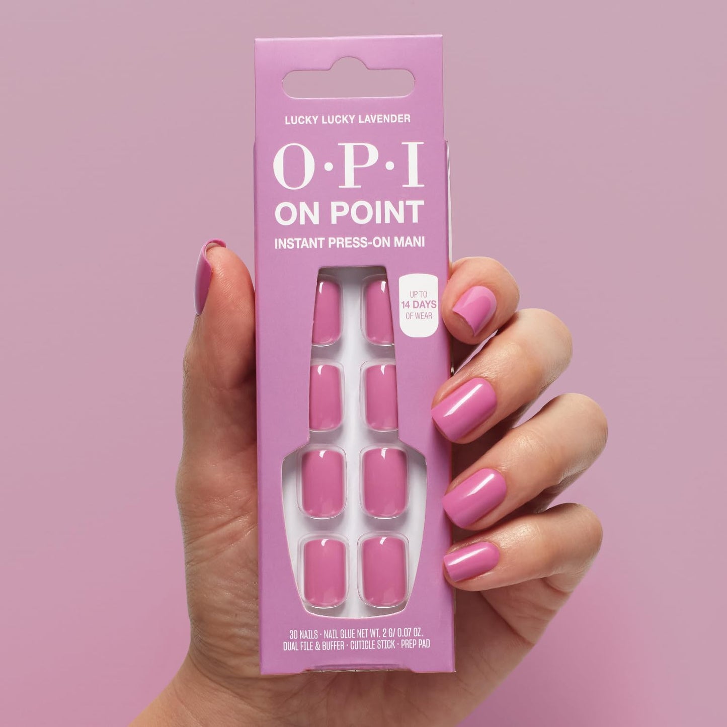 Gray OPI On Point Lucky Lucky Lavender | Short Squoval Pink Lavender Press On Nails | 30 Count with Nail Glue | Long Lasting, Reusable, Non-damaging