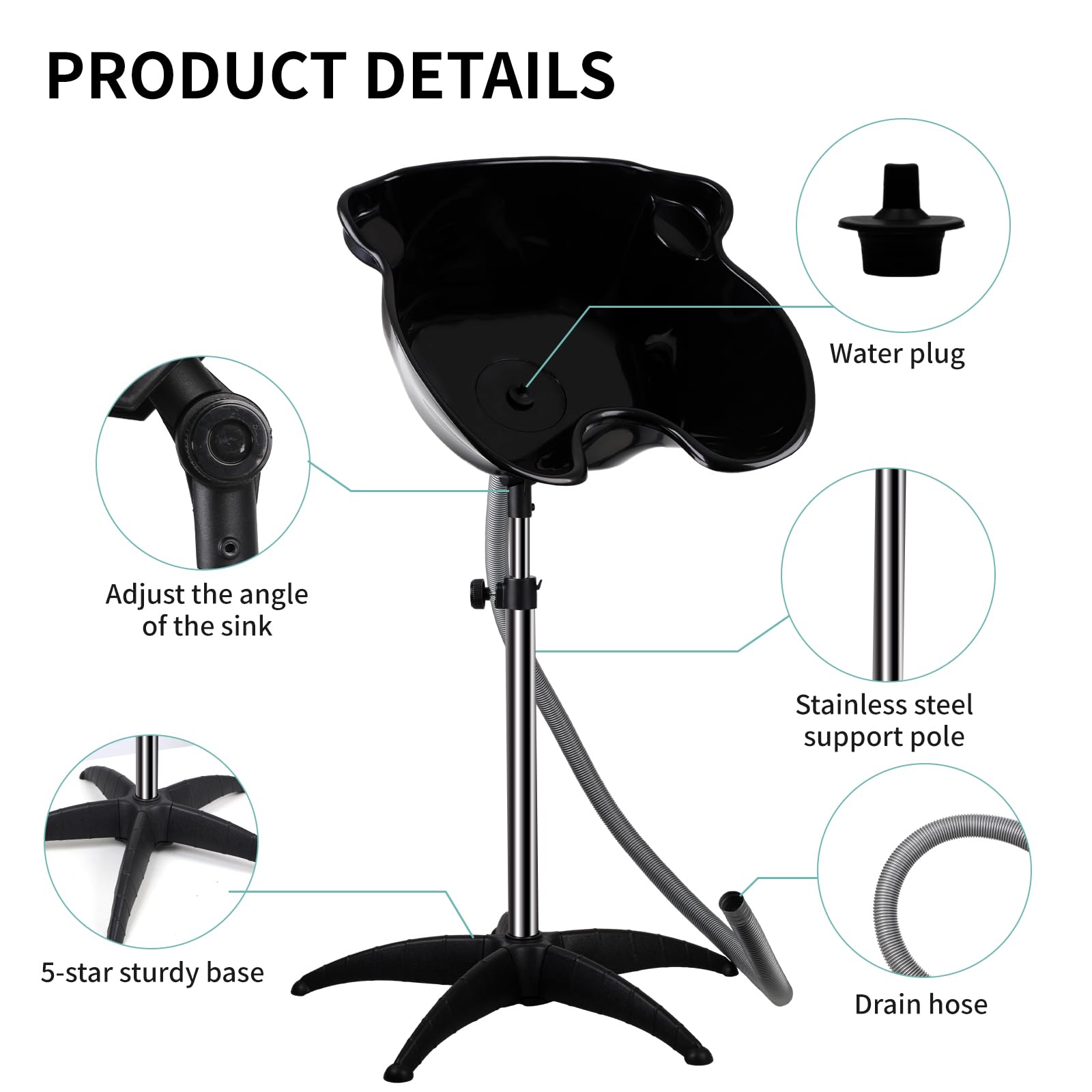 White Smoke Portable Shampoo Bowl, Shampoo Basin Salon Sink with 1.5m Drain Pipe, Height & Angle Adjustable, Standing Deep Shampoo Bowl for Home/Salon Hair Washing and Cutting, Black
