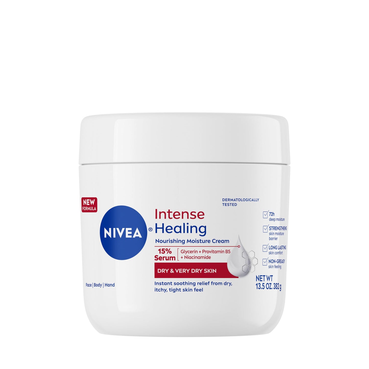 Lavender NIVEA Intense Healing Body Cream for Dry Skin with Glycerin, Provitamin B5 and Niacinamide, 72-Hour Moisture, Non-Greasy Body Moisturizer Immediately Soothes Dry, Itchy Skin Feeling, 13.5 Oz Jar