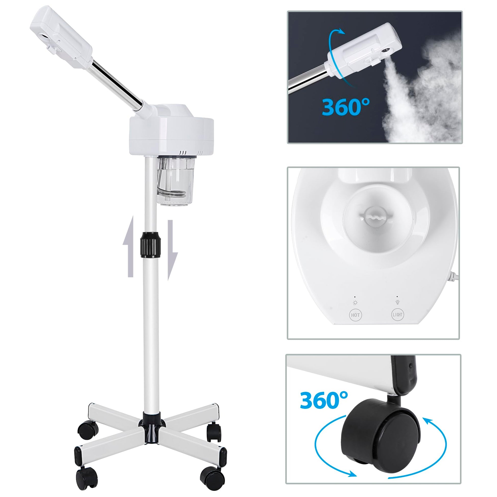 White Smoke Saicool Professional Facial Steamer - Standing Ozone Facial Steamer on Wheels w Hot Mist for Facial Treatment Personal Care for Spa Salon Home Use