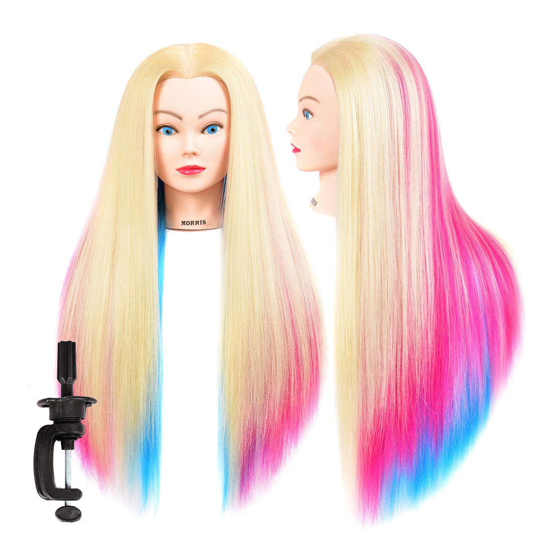 White Smoke Mannequin Head with Long Synthetic Fiber Colorful Hair Styling Training Head 26-28inch Manikin Cosmetology Doll Head Hairdressing Training Model for Cutting Braiding Practice and Free Clamp Holder