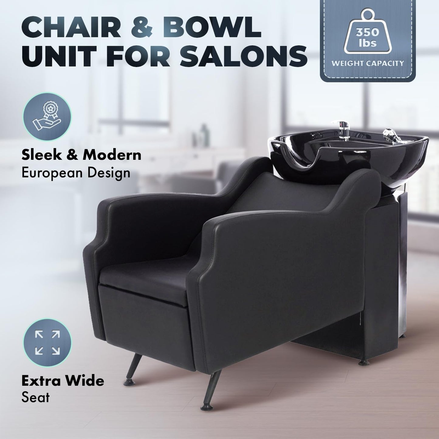 Dark Slate Gray Buy-Rite Oasis Shampoo Backwash Station for Salons - All-Black Chair & Extra-Large Bowl Combo, Single Lever Hot/Cold Faucet, Lumbar Support, Vacuum Breaker, 56"x20"x33.5", TS-8076-BLK