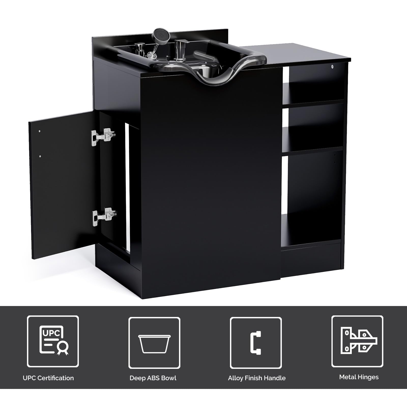 White Smoke OmySalon Salon Station, Shampoo Bowl with Cabinet, Freestanding Backwash Sink with Adjustable Shelf, UPC Certified Faucet, for Spa Beauty, Barber, Home, Black