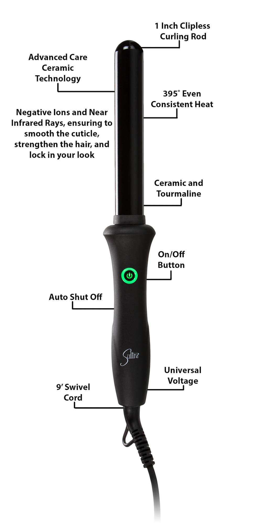White Smoke Sultra The Bombshell Rod Curling Iron, 1 Inch with Protective Heat Glove