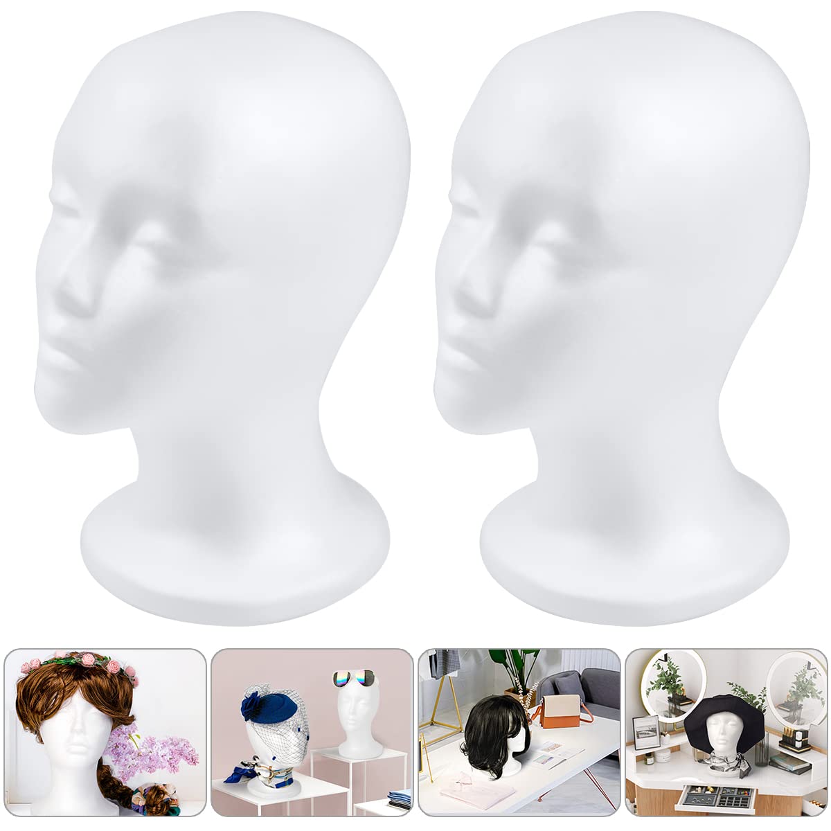 White Smoke CHIVENIDO Styrofoam Wig Head - 2PCS Female Foam Mannequin Head Stand and Holder for Style, Model and Display Hair, Hats and Hairpieces, Mask for Home, Salon and Travel