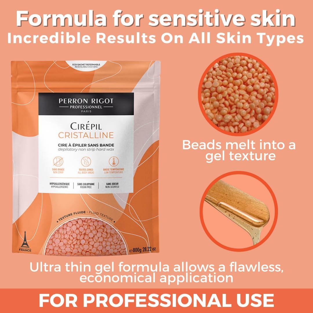 Light Salmon Cirepil - Cristalline - 800g / 28.22 oz Hard Wax Beads Bag - Unscented & Rosin-Free, Micro-Crystalline Formula for Highly Sensitive Skin - Clear Gel Stripless Hair Removal for Face & Body, Low-Temp