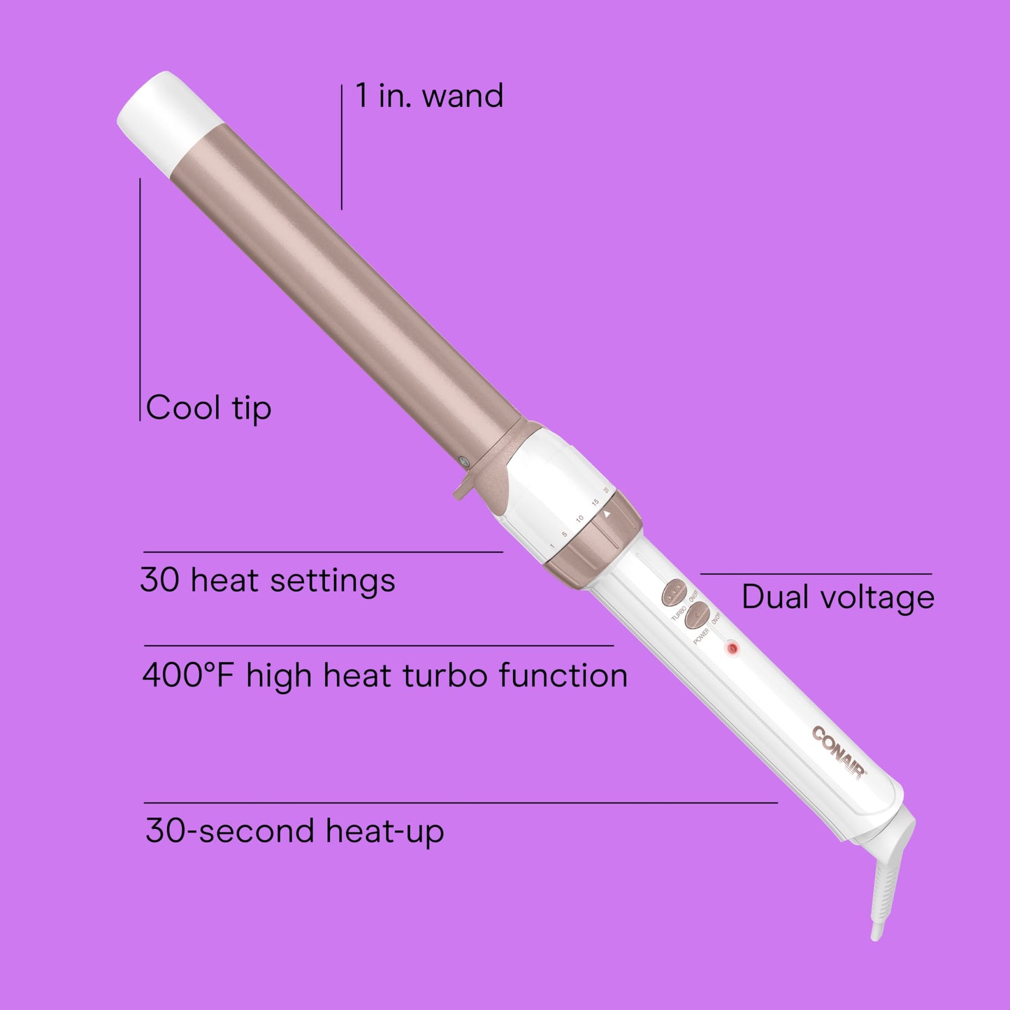 Orchid Conair Double Ceramic 1-Inch Curling Wand, Produces Flawless Waves, Curling Iron for Use on Medium and Long Hair, 30 Heat Setting Curling Iron, White