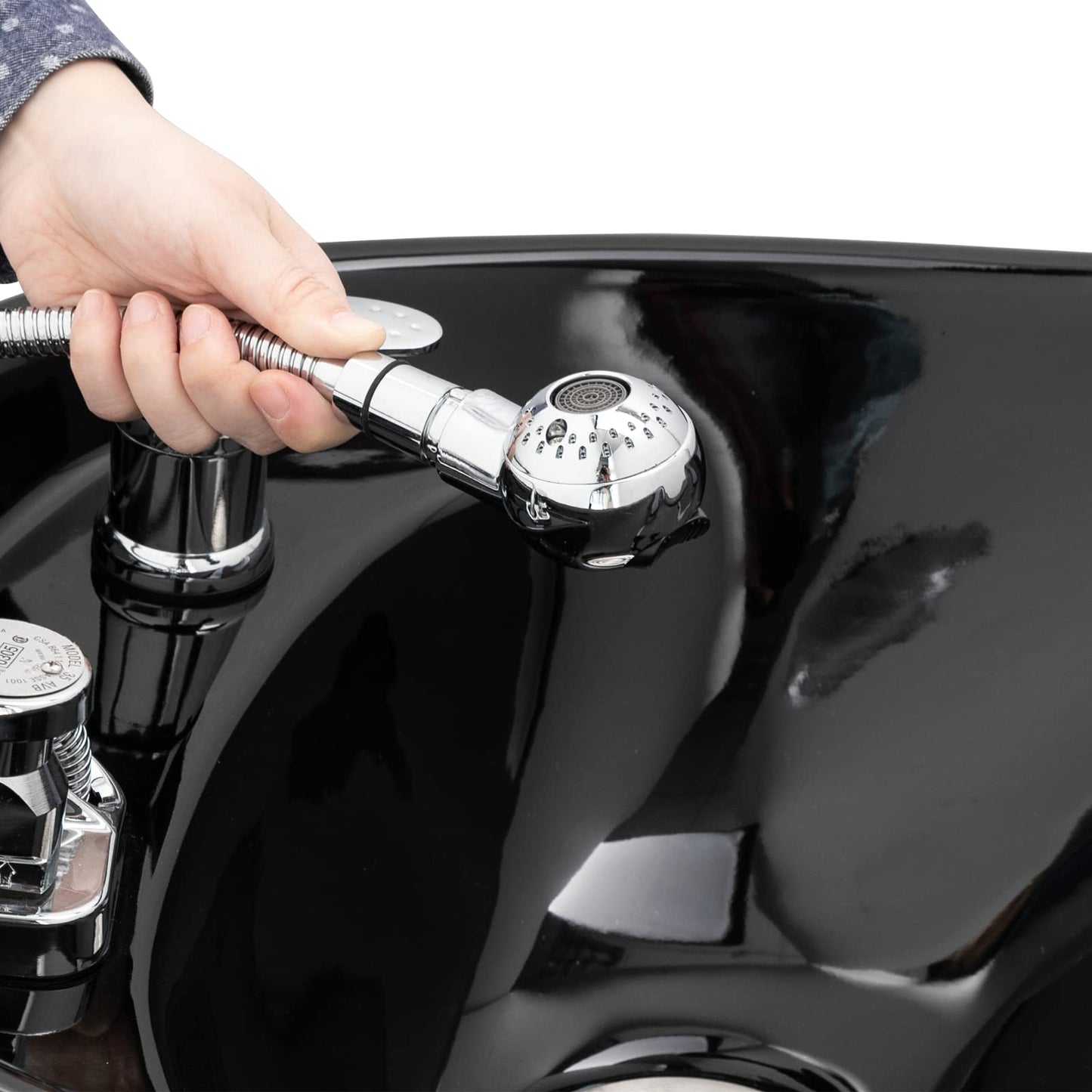 Black OmySalon Backwash Shampoo Unit for Salon, Hair Washing Station with Ceramic Bowl Adjustable Footrest, Chair Sink Barber Shop Beauty Equipment