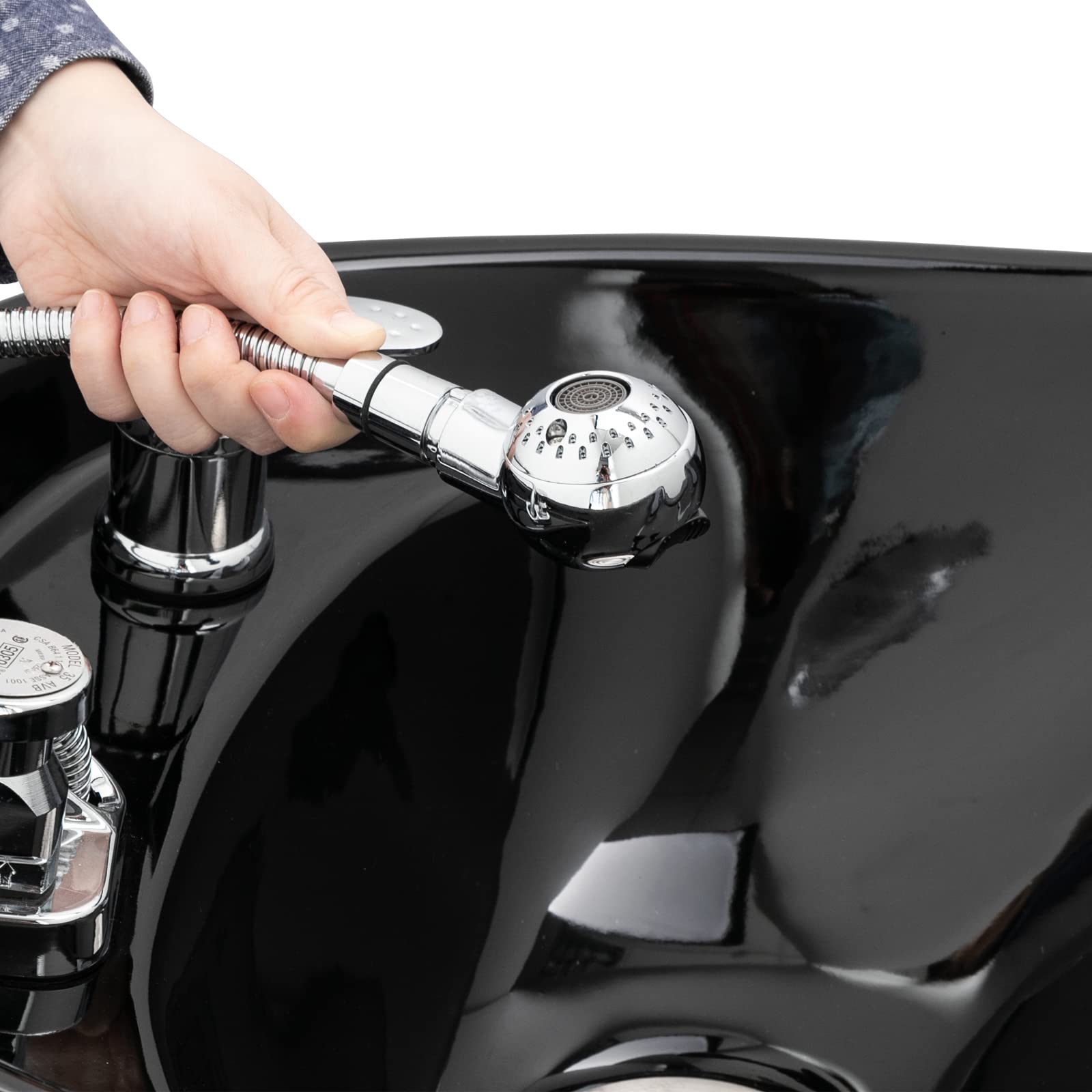 Black OmySalon Backwash Shampoo Unit for Salon, Hair Washing Station with Ceramic Bowl Adjustable Footrest, Chair Sink Barber Shop Beauty Equipment