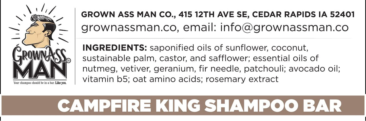 White Smoke Grown Ass Man Co. - Solid Shampoo Bar Rich Lather 3 in 1: Hair, Beard & Body Wash - Plastic Free & Eco-Friendly, Natural & Organic Clean for All Hair Types, 4oz Bar (Campfire King, Single)