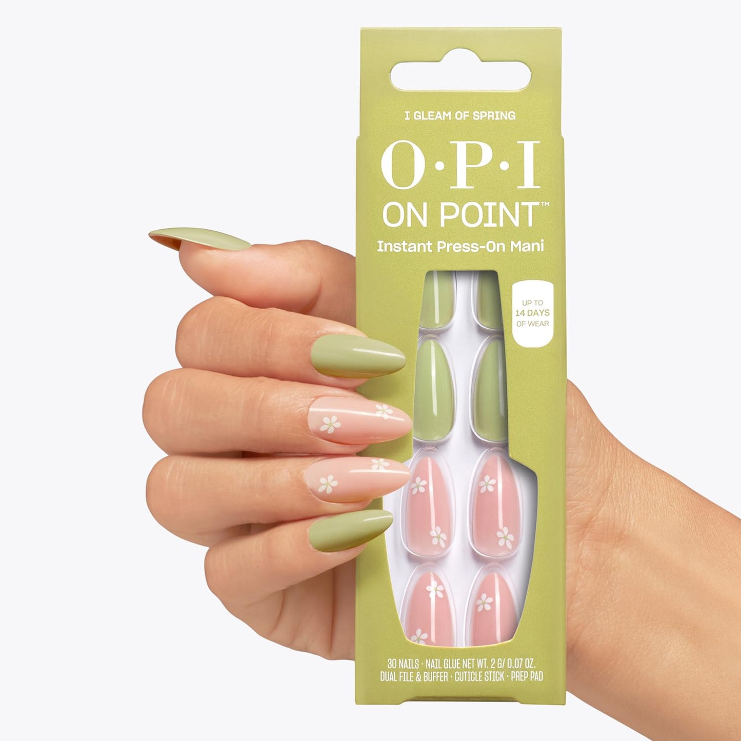 White Smoke OPI On Point I Gleam of Spring | Long Almond Pastel Green & Pink Floral Nail Art Press On Nails | 30 Count with Nail Glue | Long Lasting, Reusable, Non-damaging