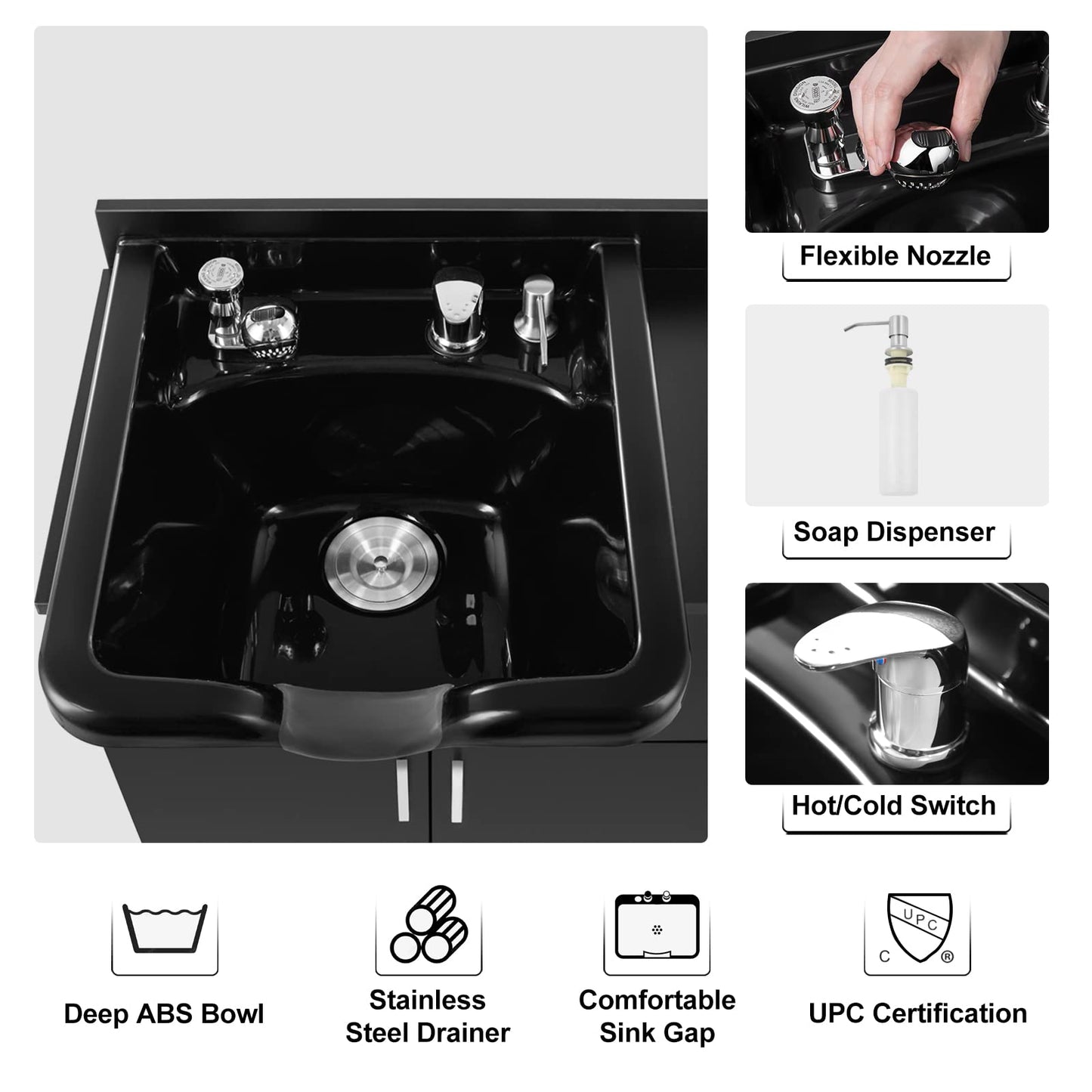 White Smoke Artist hand Shampoo Backwash Sink Station with Shampoo Bowl Shampoo Station, Backwash Sink Chair Spa Salon Beauty Equipment, Used with Barber Chair and Shampoo Chair(Black)