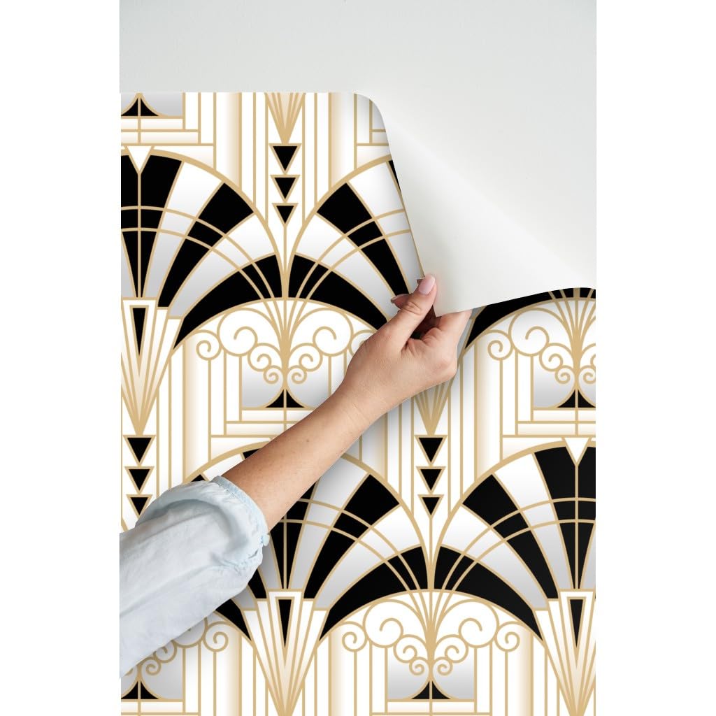Lavender Spoonflower Peel & Stick Wallpaper 3ft x 2ft - Art Deco Alcove Black White Gold Fan Architecture 1920s Custom Removable Wallpaper