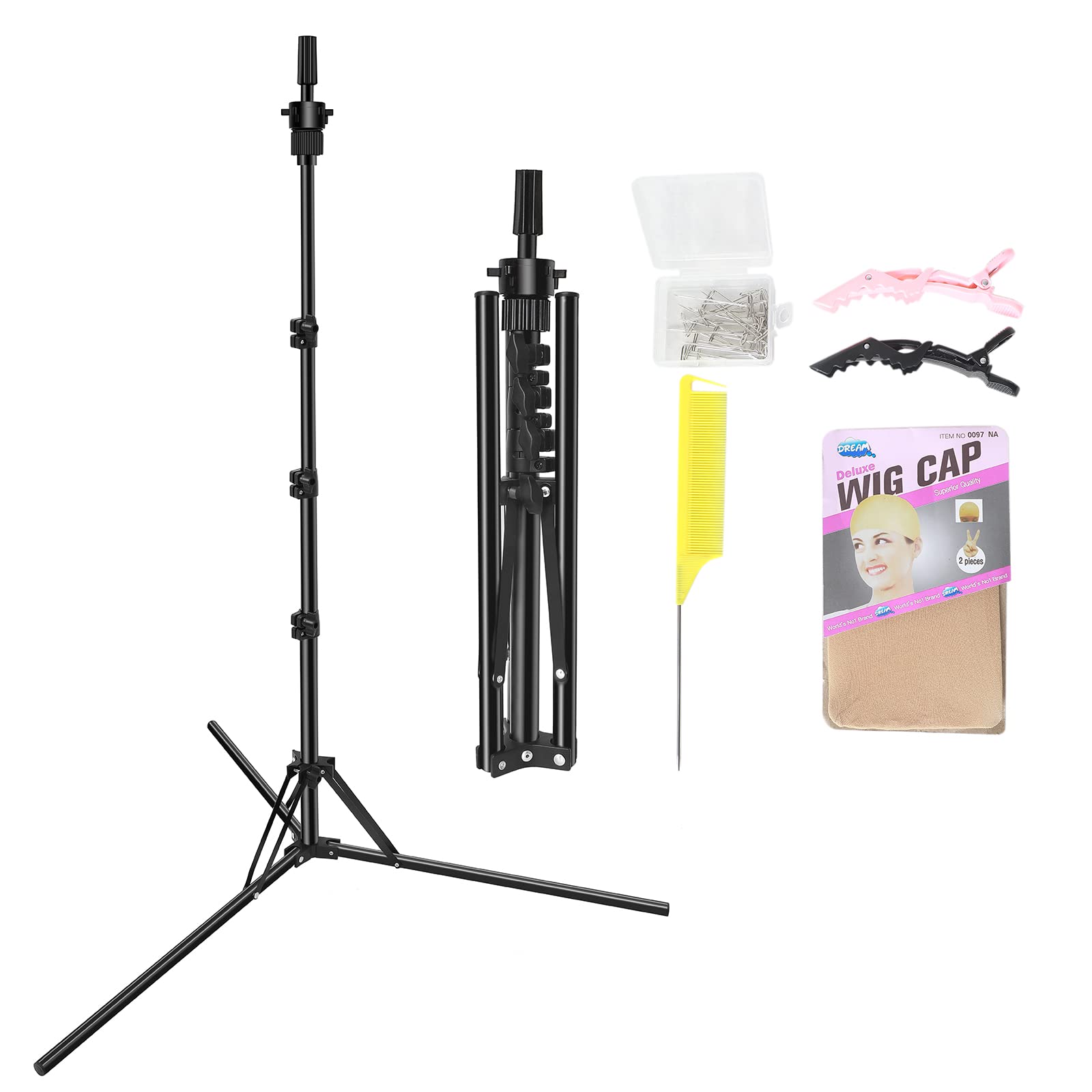 White Smoke LNASI Mannequin Head Stand, Upgrade Foldable Wig Stand Tripod for Cosmetology Hairdressing Training, Metal Adjustable Wig Head Stand with Wig Caps, T-Pins, Comb, Hair Clips