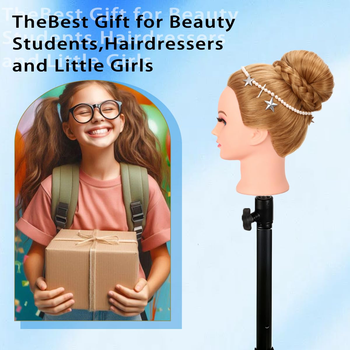 Alice Blue Mannequin Head Human Hair For Braiding，Straight 22Inch Doll Head for Cosmetology & Hairdresser with Stand