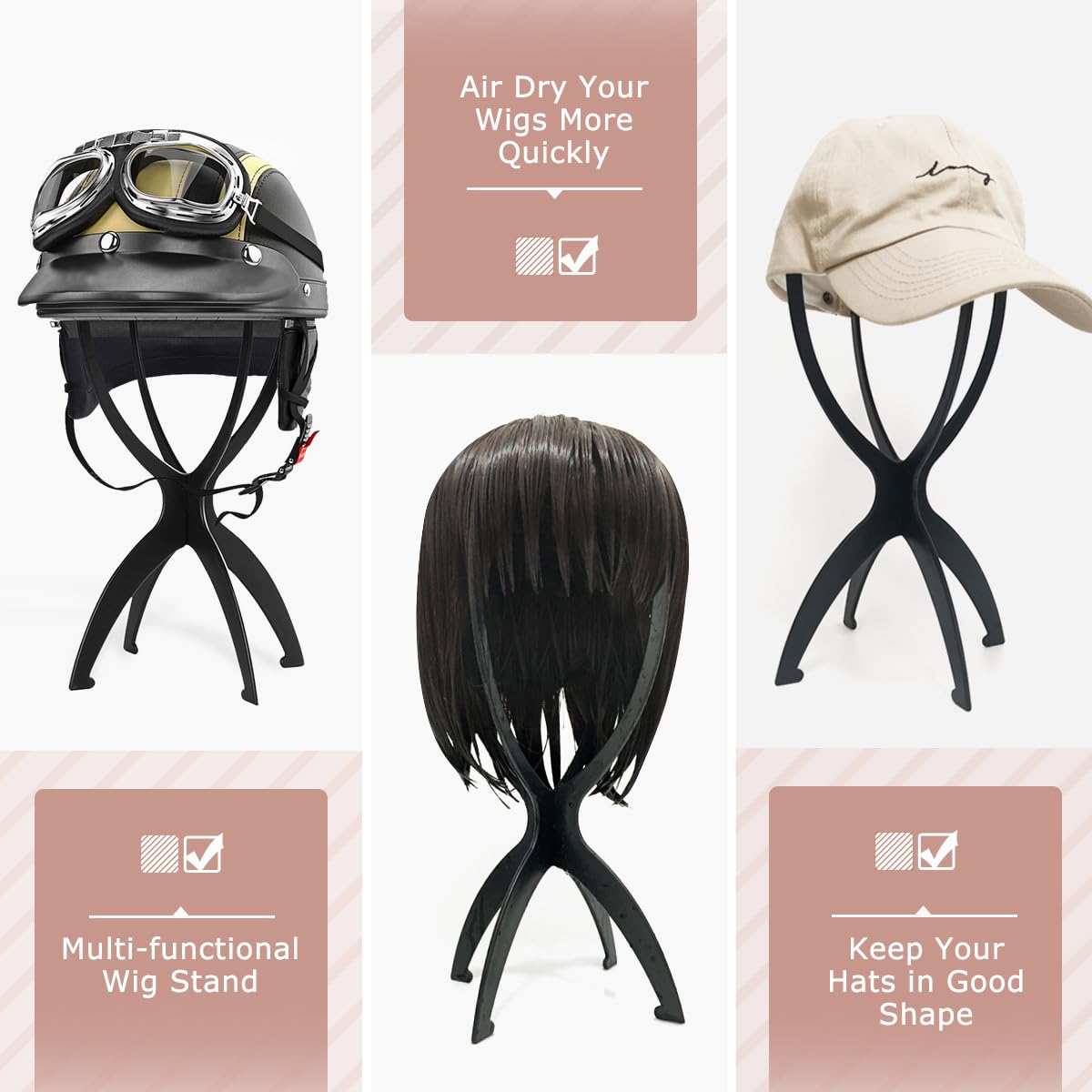 White Smoke Dreamlover Wig Stand, Wig Head Stand, Wig Holder for Multiple Wigs, Black, 3 Pack