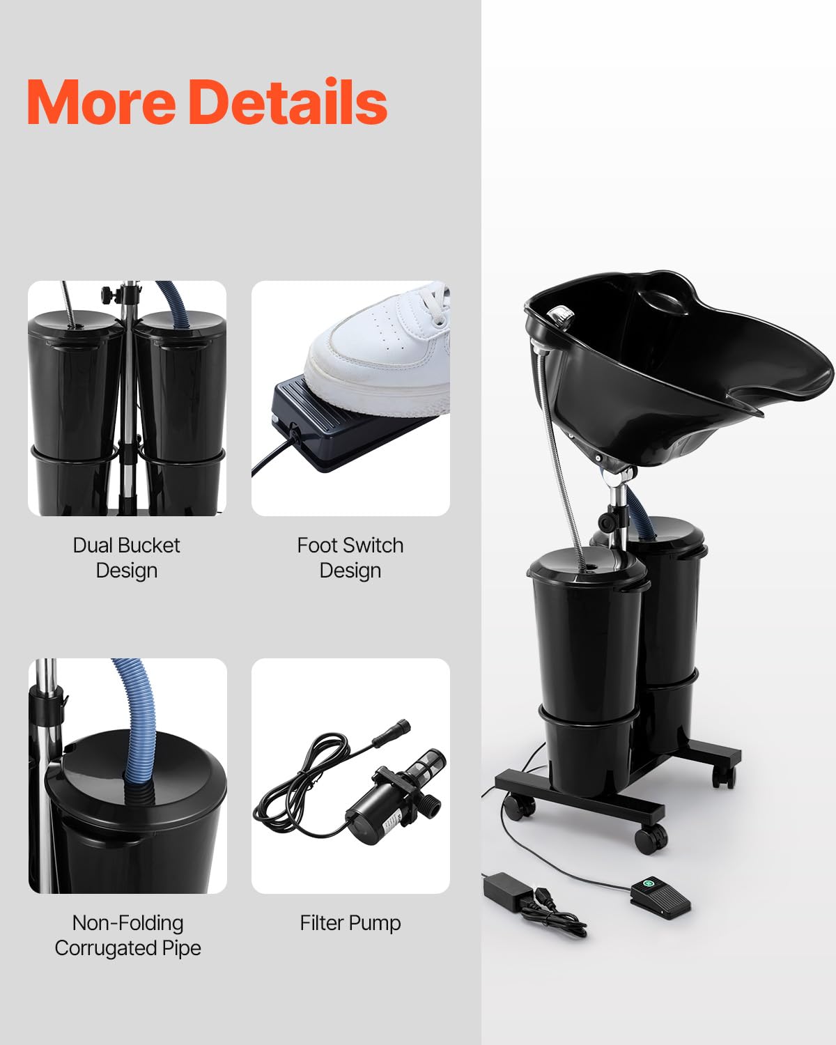 White Smoke VEVOR Portable Shampoo Bowl, Shampoo Sink for Washing Hair with Electric Pump, Includes 2 Buckets 2 Showerheads, Drain Hose, Height and Angle Adjustable Portable Wash Bowl for Home Salon Use, Black