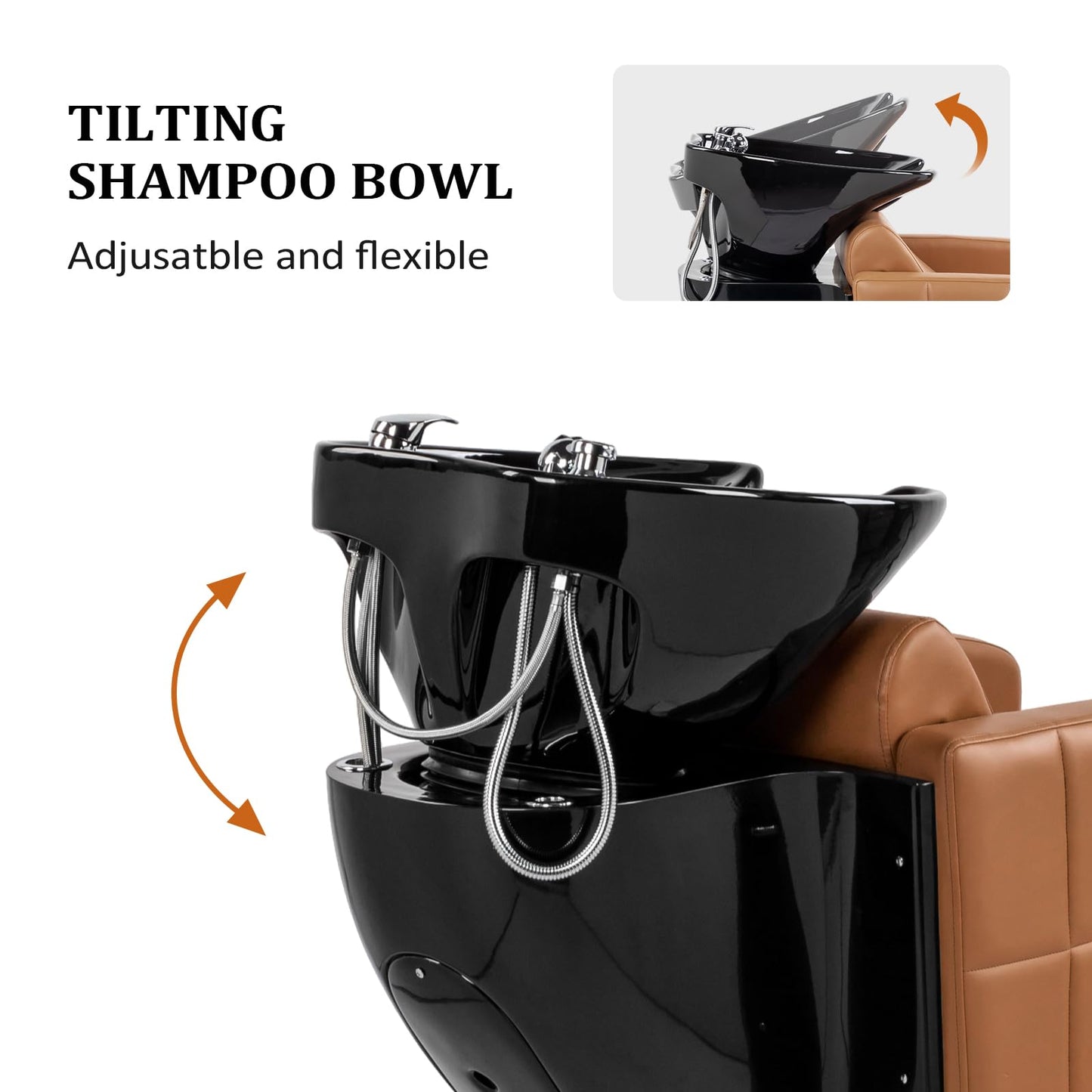 White Smoke OmySalon Salon Shampoo Bowl and Chair, Extra Wide Seat & Porcelain Hair Washing Sink, Shampoo Unit for Beauty Spa Barbershop, Camel