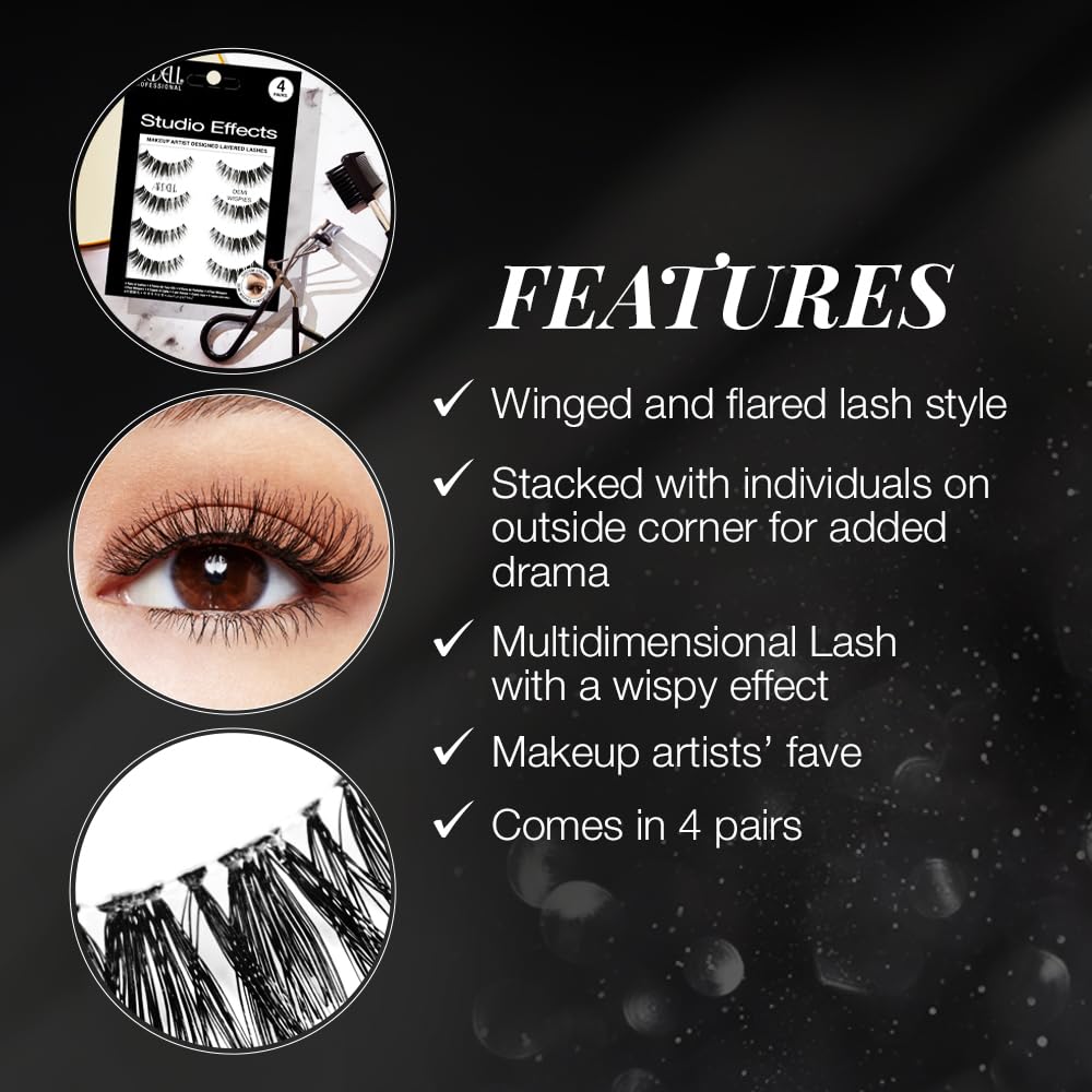 Black Ardell Studio Effects Demi Wispies False Eyelashes, Custom Layered Wispy Lashes for Natural Volume and Length, 4 Pack