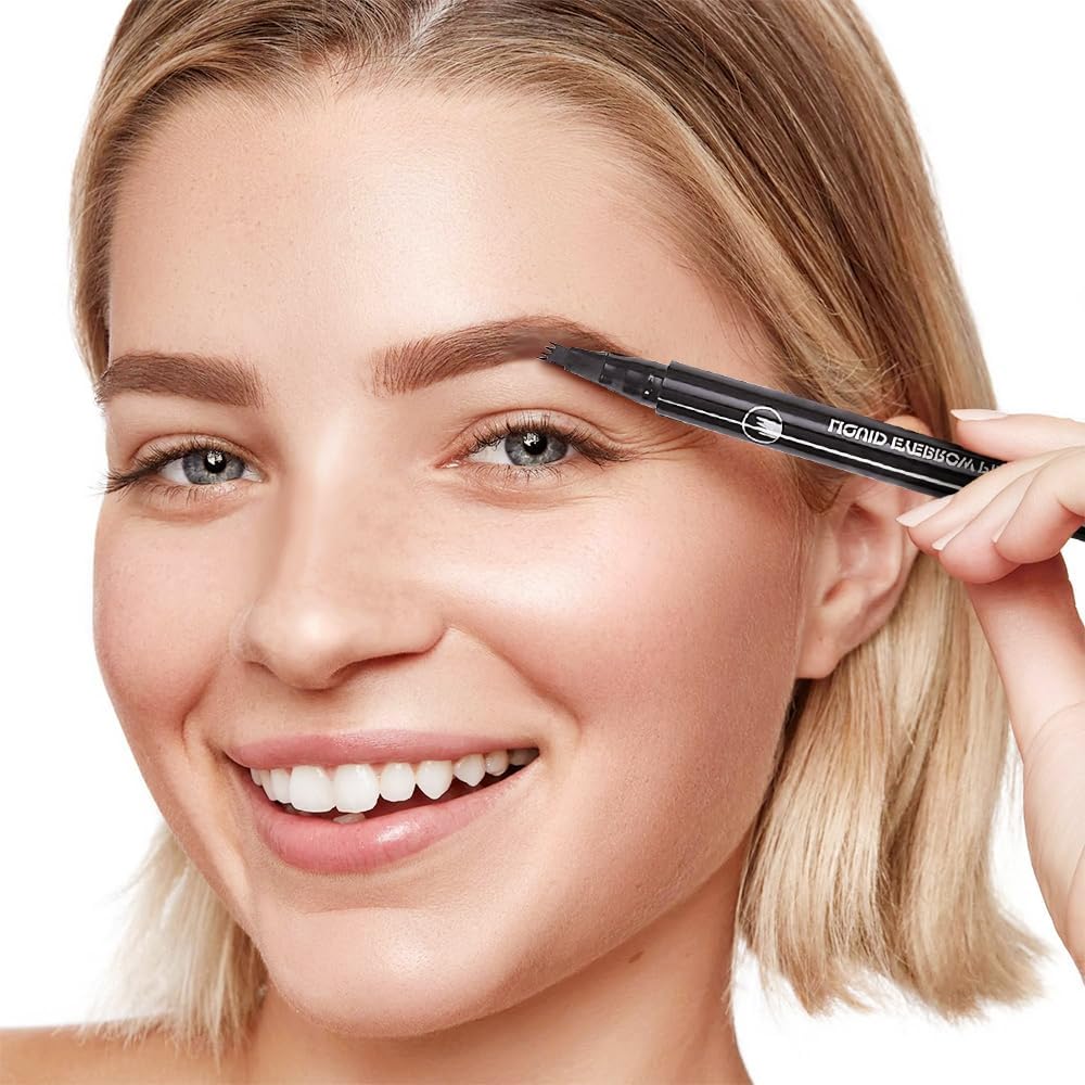 White Smoke Microblading Eyebrow Pencil, 2025 New Magic Eyebrow Tattoo Pencil 4 Fork Tip, Natural Long-Lasting Smudge-proof Fine Stroke eyebrow microblading Pen for Women (Light Brown)