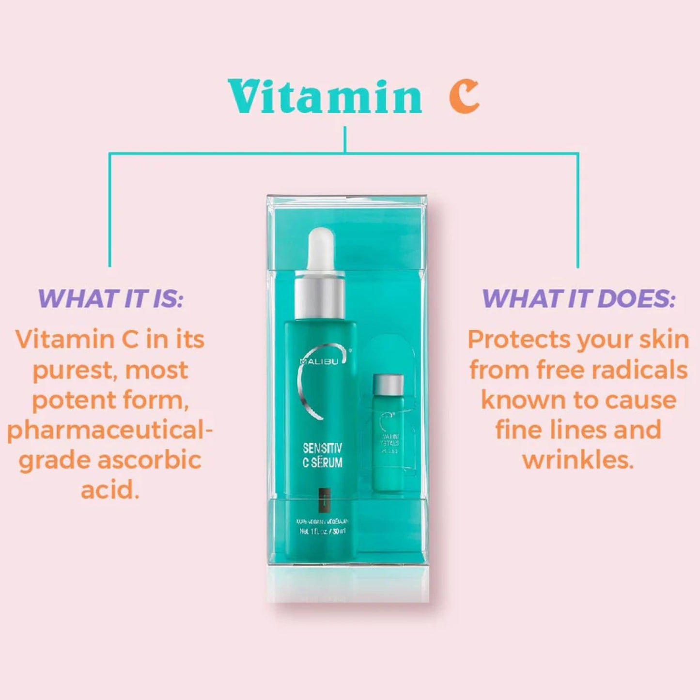 Misty Rose Malibu C Sensitiv C Face Serum - Vitamin C Serum for Combination & Sensitive Skin - Balances, Brightens & Protects with Ascorbic Acid, Allantoin & Pro Vitamin B5 (1 fl oz)