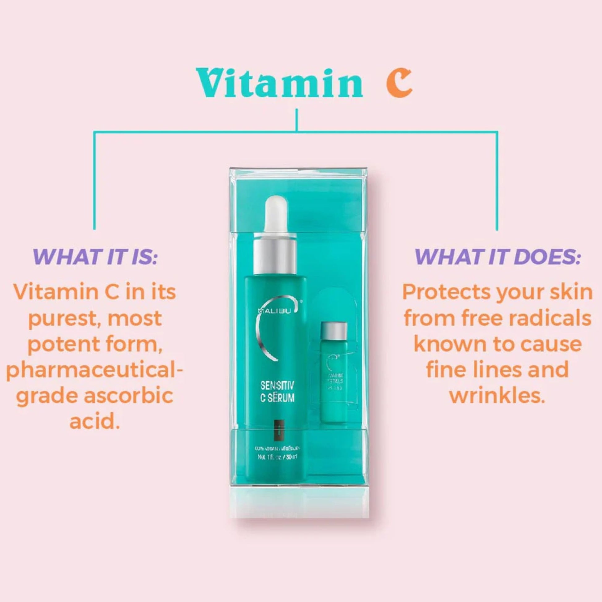 Misty Rose Malibu C Sensitiv C Face Serum - Vitamin C Serum for Combination & Sensitive Skin - Balances, Brightens & Protects with Ascorbic Acid, Allantoin & Pro Vitamin B5 (1 fl oz)