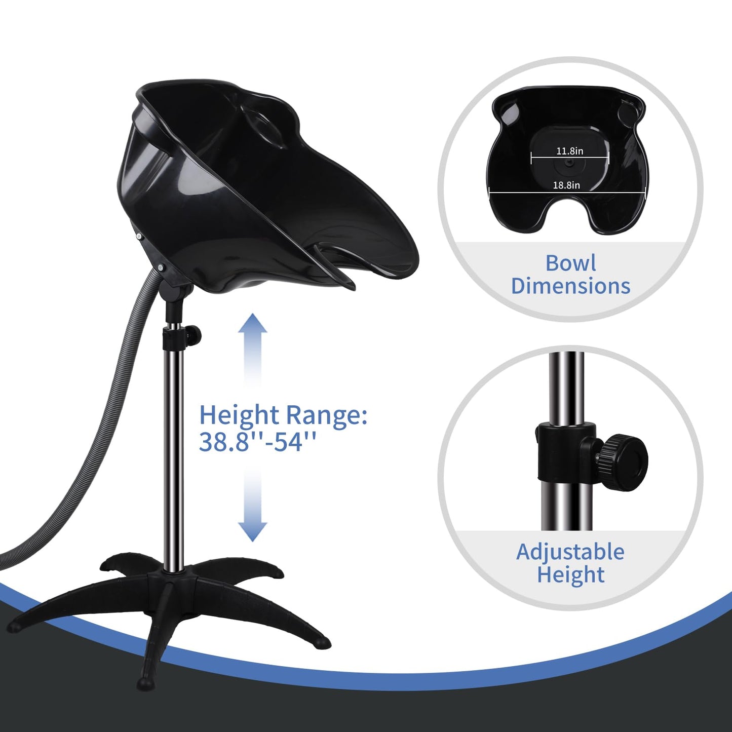 White Smoke Portable Shampoo Bowl, Height & Angle Adjustable Hair Washing Sink with Drain Hose, Standing Salon Deep Shampoo Basin for Hairstylist and Home Services