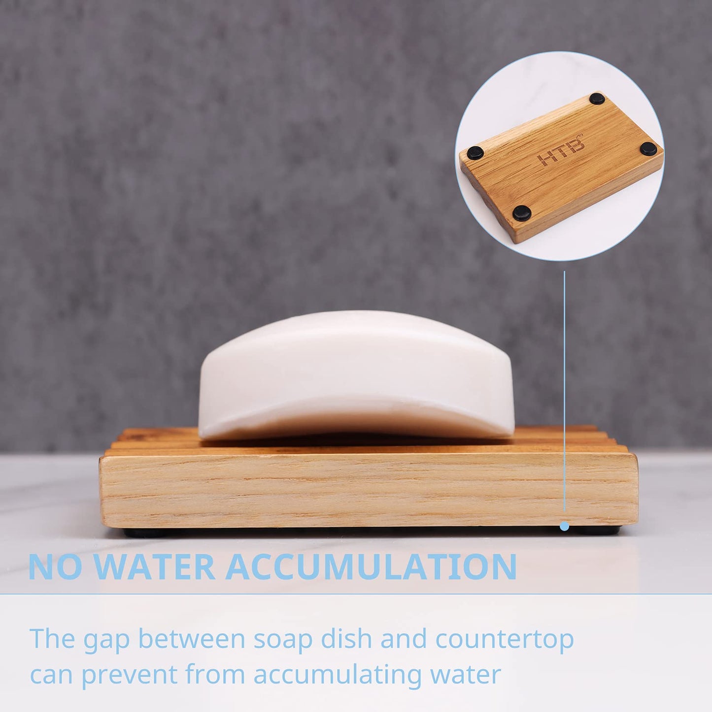 Dim Gray Teak Soap Dish for Shower by HTB, Wood Decorative Bath Soap Holder Heightened Base Design to Keep Soap Dry in Kitchen, Bathroom, Sink, Bathtub, Cute Wooden soap Saver for Hand Face Shampoo Bar (1pcs)