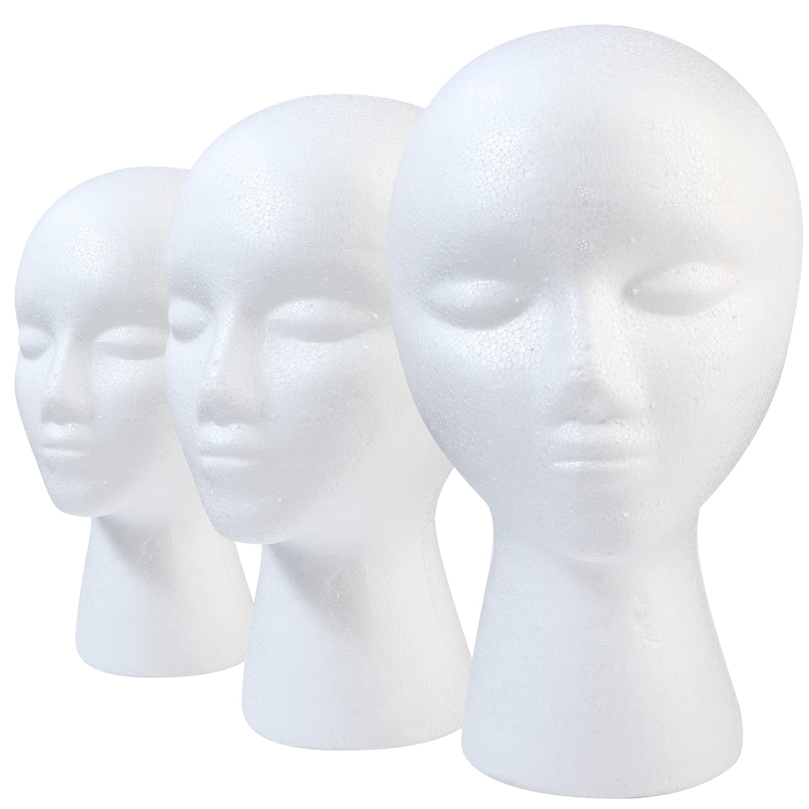 White Smoke GliSun 3 Pcs Foam Wig Head, Styrofoam Mannequin Head with Female Face for Multipurpose Wigs Display Stand, Model, Mask, Hat Display Stand, Art Work Painting