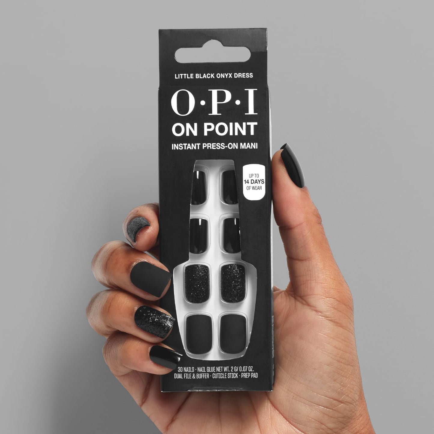 Dark Gray OPI On Point Little Black Onyx Dress | Short Squoval Black Matte with Accent Glitter Nail Art Press On Nails | 30 Count with Nail Glue | Long Lasting, Reusable, Non-damaging