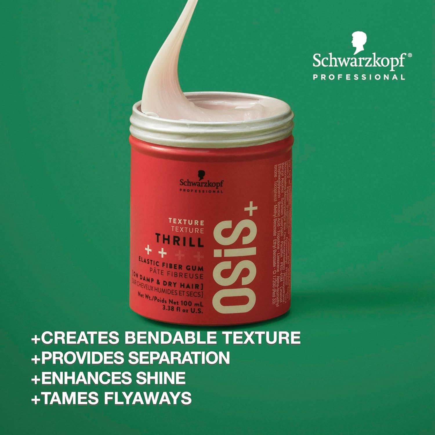 Sea Green OSiS+ Thrill Texture Fiber Styling Gum for Hair, 3.38 Oz – Medium Hold Flexible Style, Tames Flyaways – Bendable, Moldable Texturizing Styling Gum for Style Separation and Shine