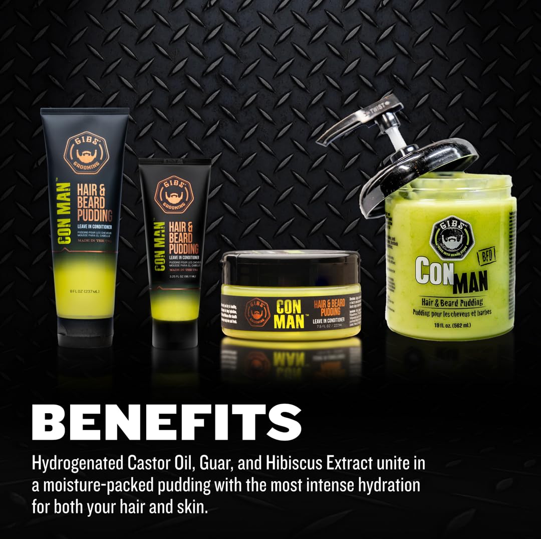 Black GIBS Grooming Con Man Hair & Beard Pudding (3.25 oz) Men's Leave In Conditioner - Daily Moisturizer & Styling Aide - Lightweight - Sensitive Skin - All Hair Types – Castor Oil & Hibiscus - Made in USA