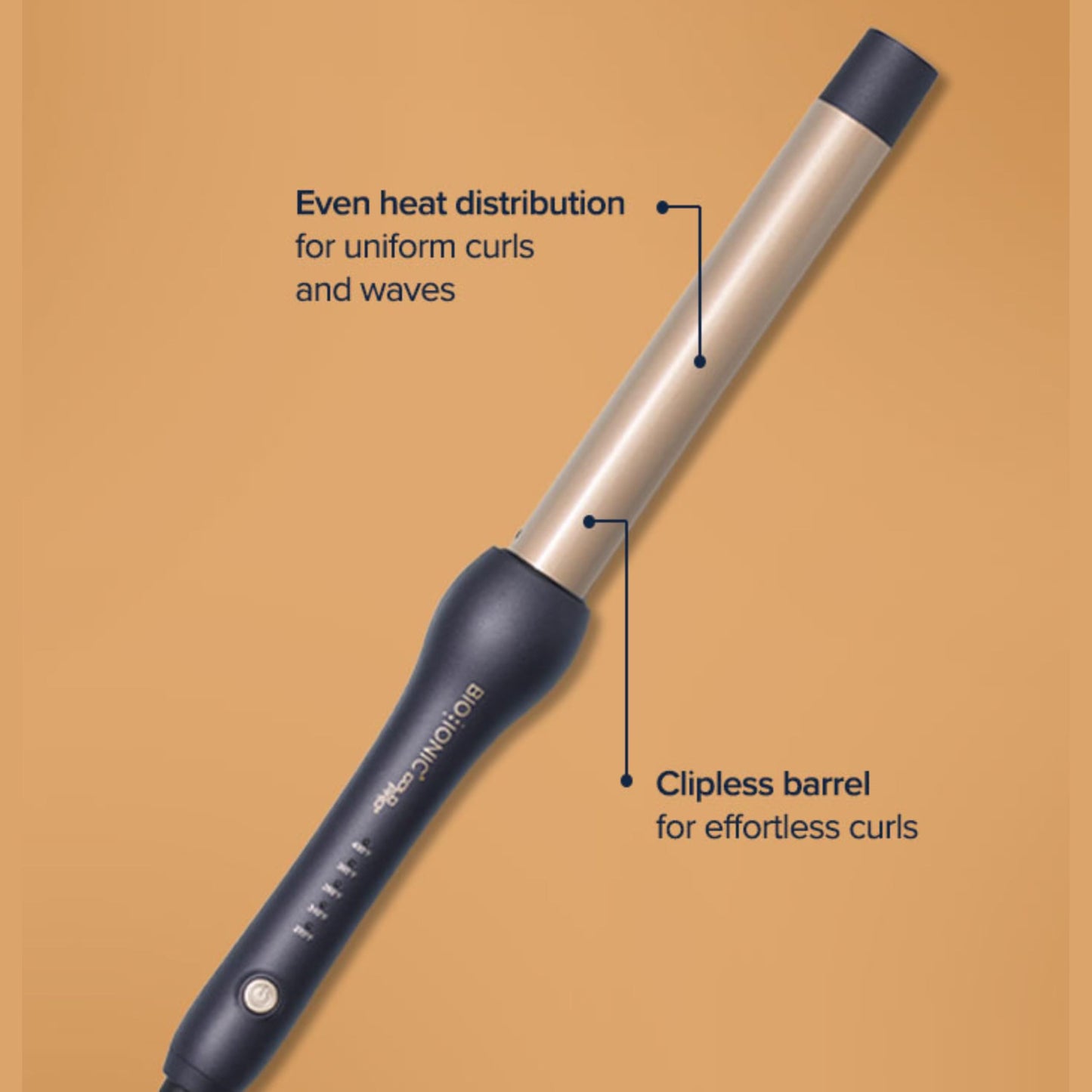 Sandy Brown Bio Ionic GoldPro 1" Curling Wand, Blue, Moisture Heat Technology & 24K Gold MX, Ceramic Long Barrel with Adjustable Heat, Versatile Hair Curler for Long-Lasting Curls