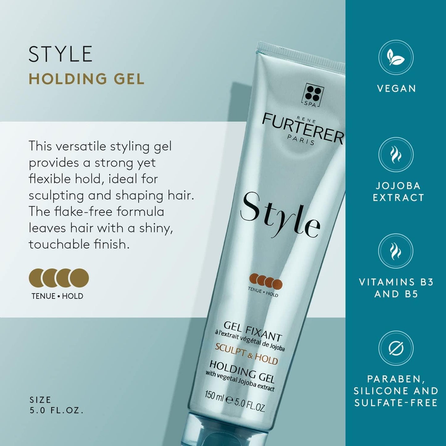 Light Steel Blue Rene Furterer STYLE Holding Gel - Sculpts & Styles with Strong Hold - With Moisturizing Jojoba Extract - For All Hair Types - Vegan & Silicone-Free - 5.0 fl. oz.