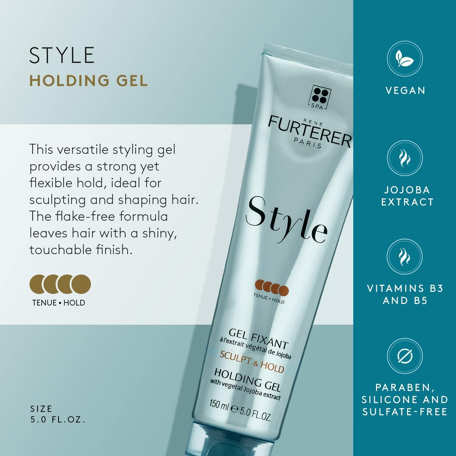 Light Steel Blue Rene Furterer STYLE Holding Gel - Sculpts & Styles with Strong Hold - With Moisturizing Jojoba Extract - For All Hair Types - Vegan & Silicone-Free - 5.0 fl. oz.
