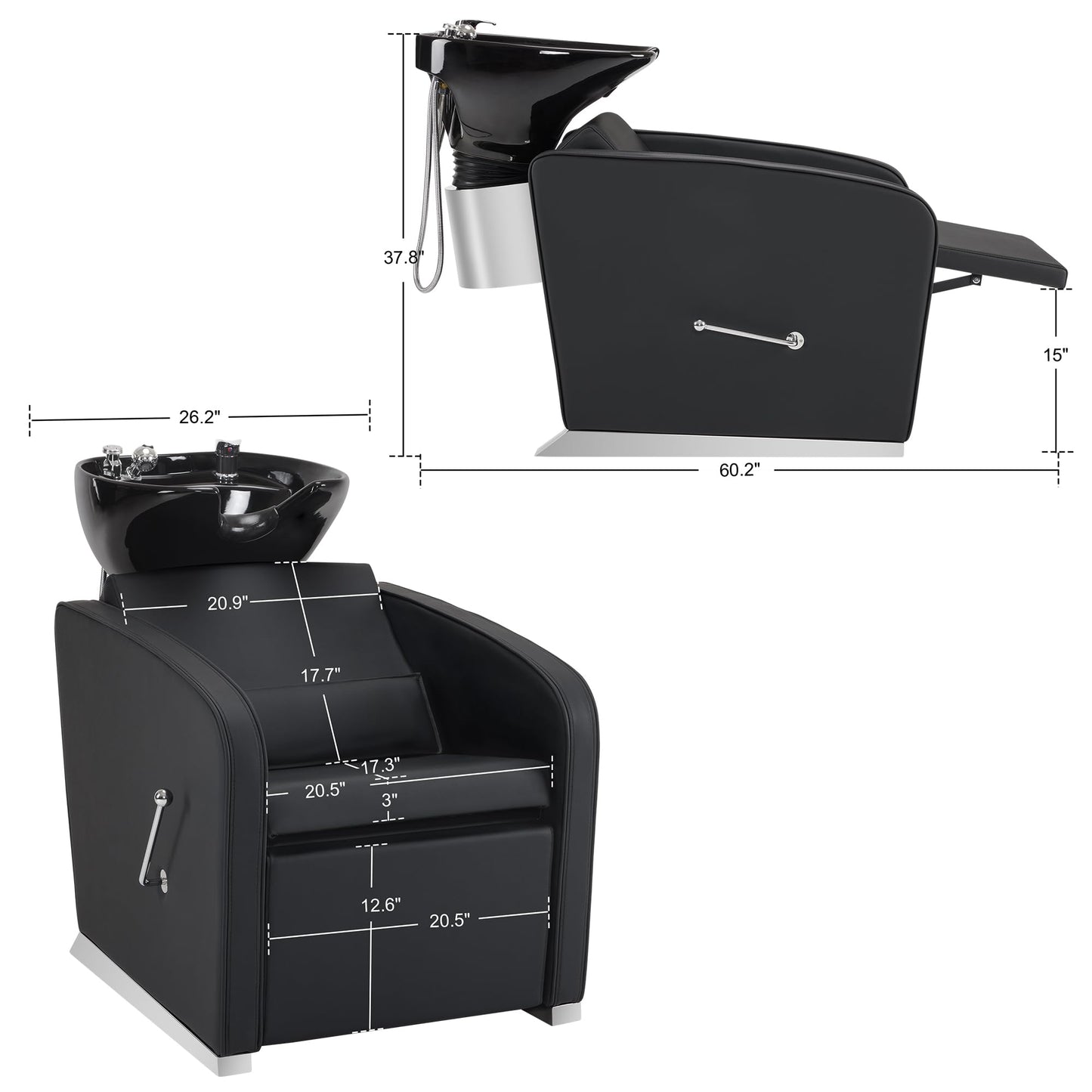 White Smoke BarberPub Backwash Shampoo Station Chair, Adjustable Porcelain Ceramic Hair Wash Bowl Sink Unit Station, Reclining Shampoo Station Chair for Spa Beauty Salon Hair Salon Equipment 9303 (Black)