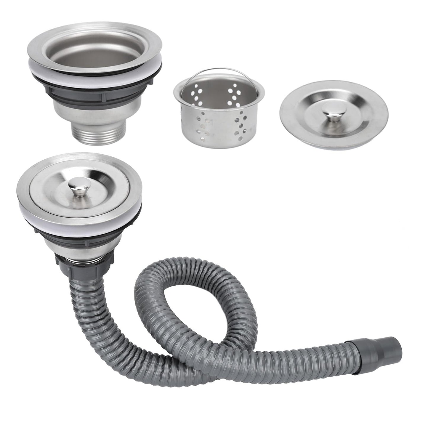 White Smoke Stainless Steel Sink Drain Strainer Assembly with Flexible Hose - Salon Shampoo Bowl Drain Kit with Deep Hair Catcher Basket & Stopper - Fits 3.1" to 3.5" Sink Openings