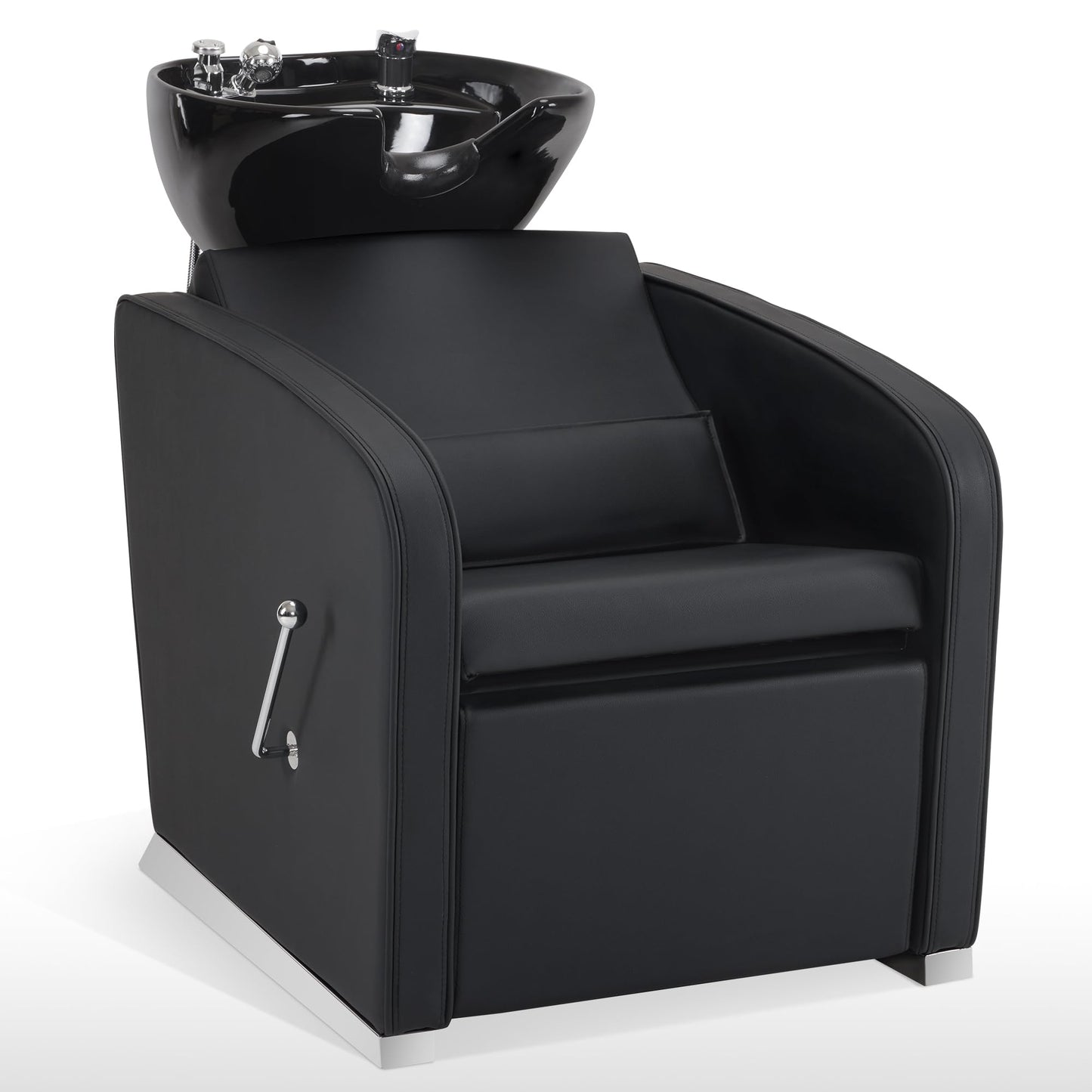 White Smoke BarberPub Backwash Shampoo Station Chair, Adjustable Porcelain Ceramic Hair Wash Bowl Sink Unit Station, Reclining Shampoo Station Chair for Spa Beauty Salon Hair Salon Equipment 9303 (Black)