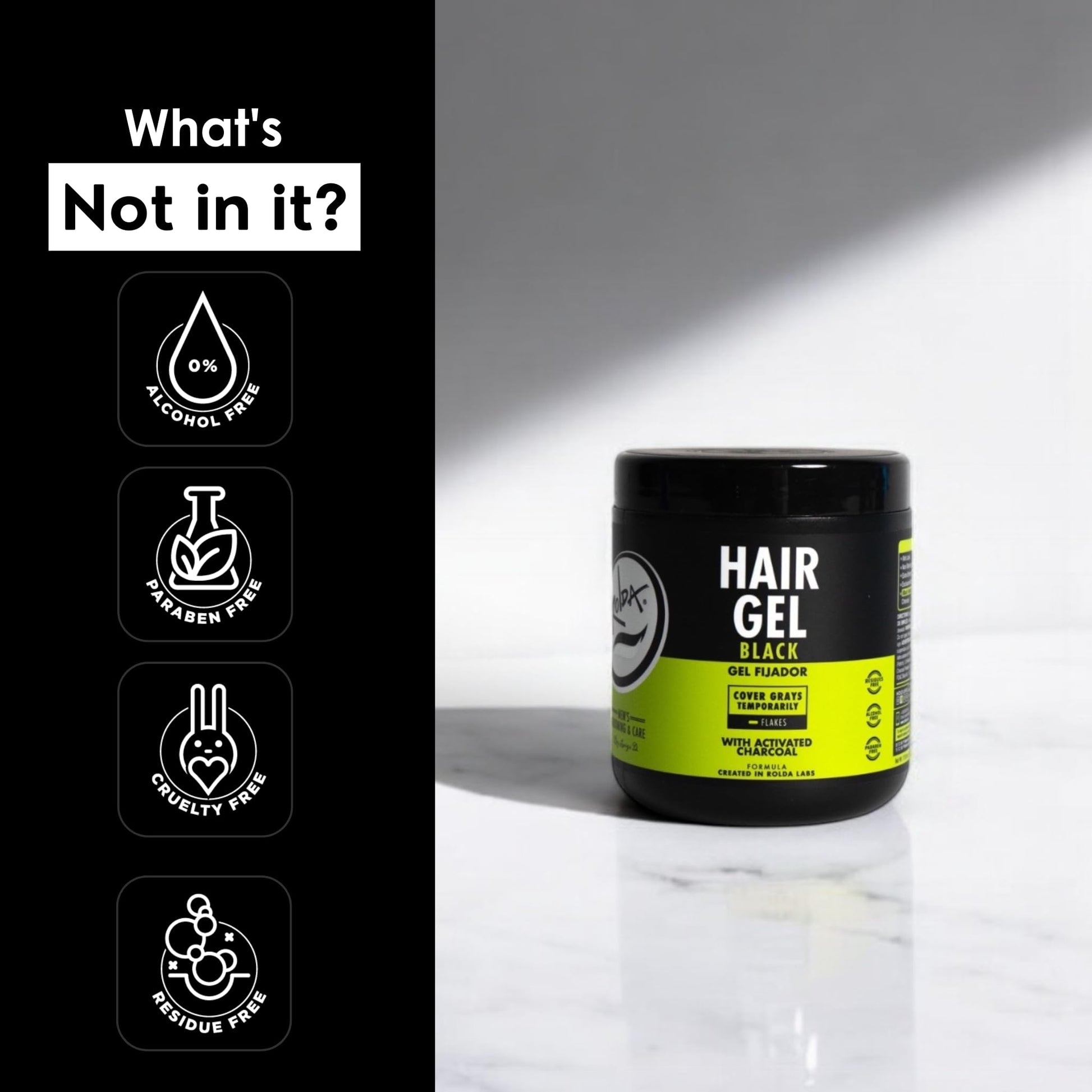 Black Rolda Black Hair Gel for Men - Medium Hold Styling Gel with Activated Charcoal for Wet Look - Covers Grays & Enhances Black Hair - Flake + Alcohol Free (8.81 oz)