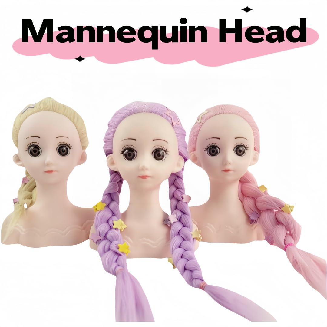 White Smoke Czrleaty Training Doll Head for Hair Styling, Cosmetology Mannequin Head with Pink Hair for Kids Practice Braiding