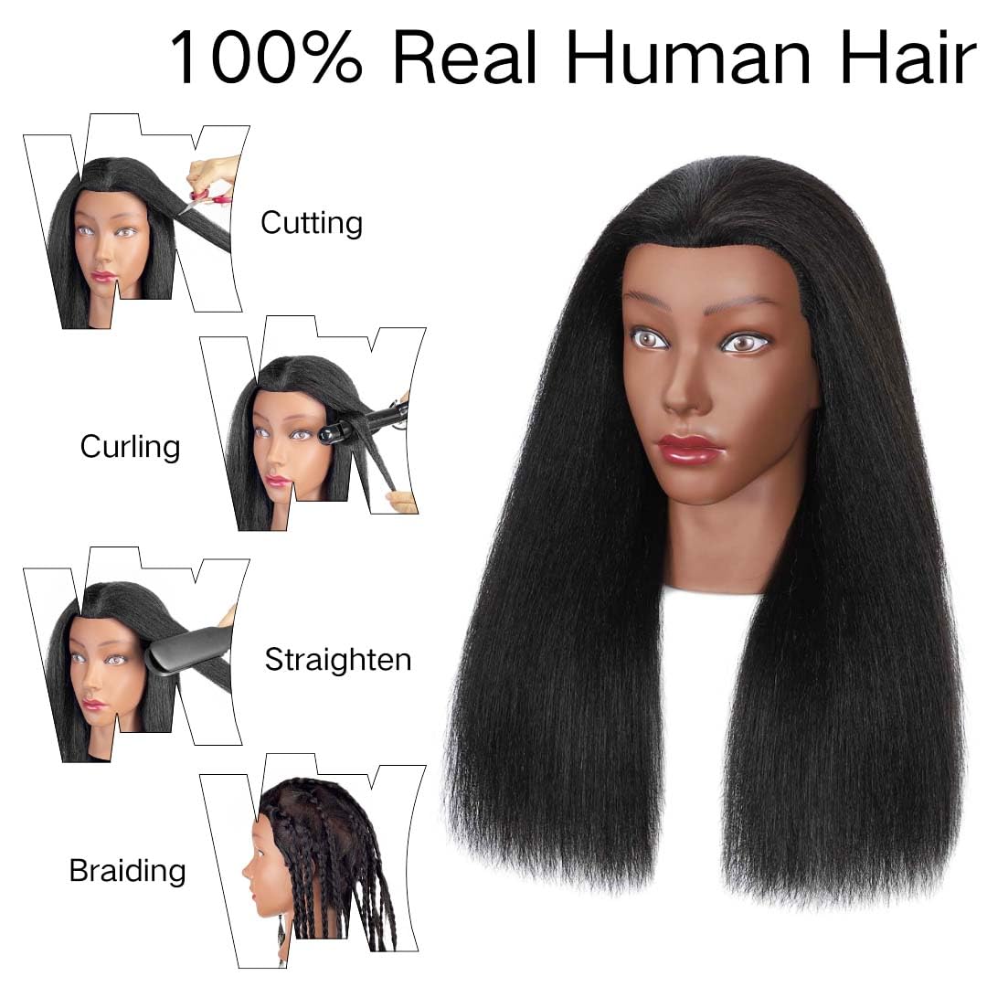 White Smoke MQHIHI Mannequin Head Human Hair with Tripod Stand, 100% Real Hair Cosmetology Manikin Doll Head for Hairdresser Practice Braiding with Tripod Set and Tools (18 Inch)