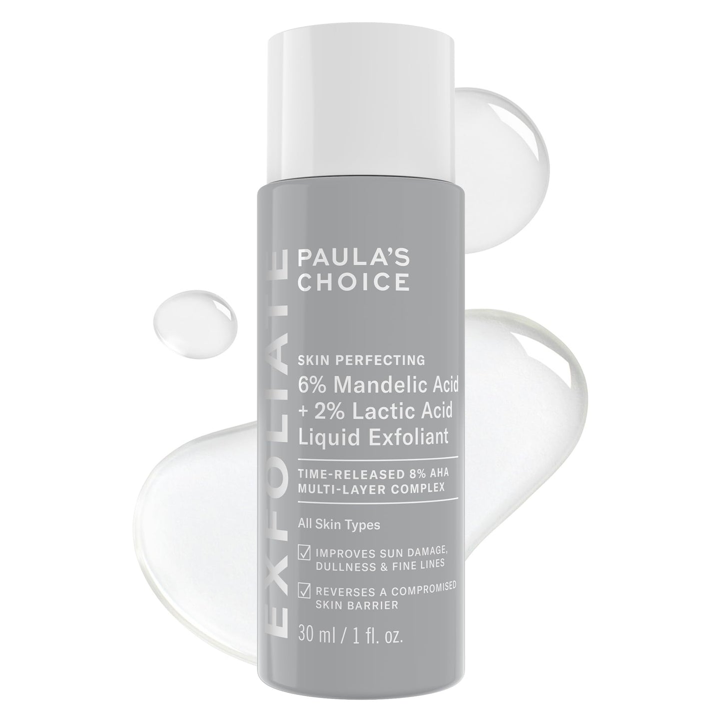 White Smoke Paula’s Choice Liquid Face Exfoliant 6% Mandelic Acid + 2% Lactic Acid Exfoliant, Gentle Daily AHA Exfoliation for Discoloration, Bumpy Texture & Radiance, for Sensitive Skin, Fragrance-Free, 1 fl oz