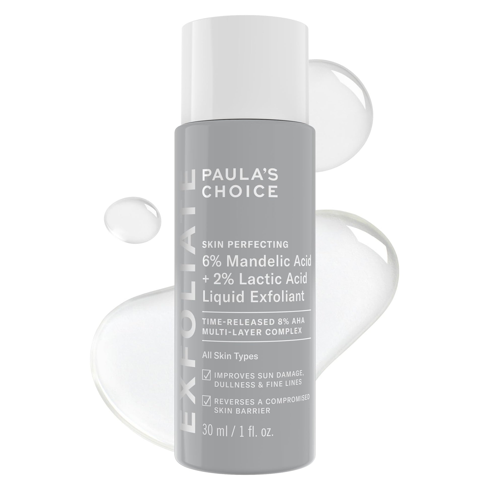White Smoke Paula’s Choice Liquid Face Exfoliant 6% Mandelic Acid + 2% Lactic Acid Exfoliant, Gentle Daily AHA Exfoliation for Discoloration, Bumpy Texture & Radiance, for Sensitive Skin, Fragrance-Free, 1 fl oz