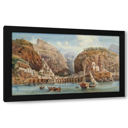 Black Giovanni Giordano Lanza 24x16 Black Modern Framed Art Print Titled: Fishing at Atrani on the Amalfi Coast